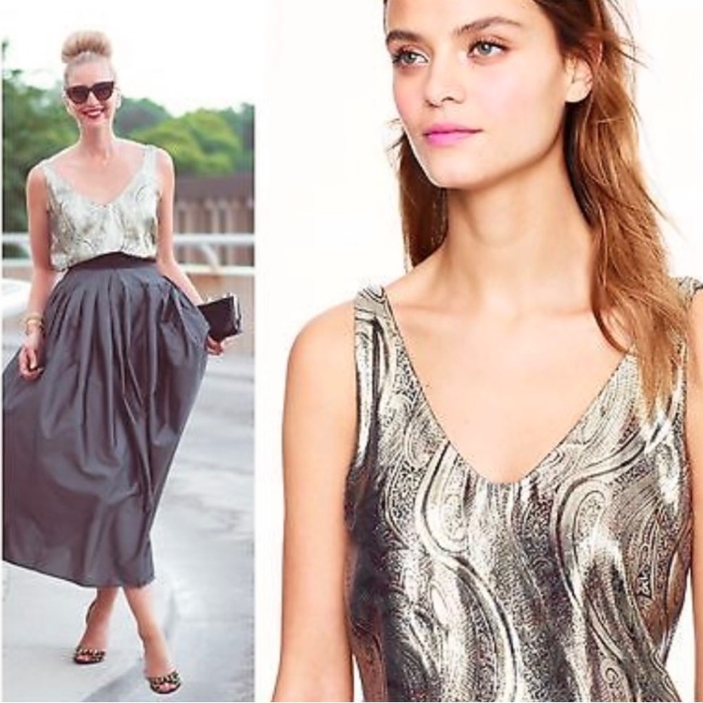 J Crew Cate Paisley Metallic Threaded Silk Camisole Tank Top Size 0 NWT